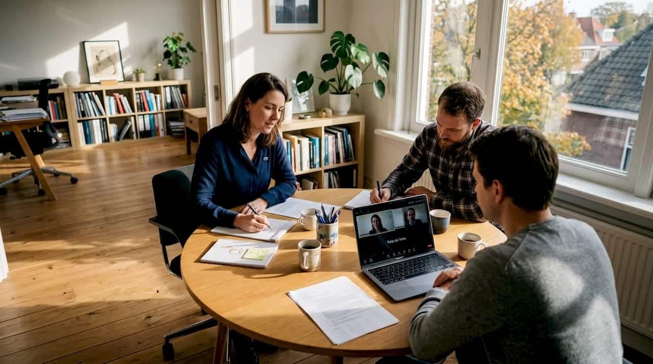 Een groep collega’s zit gezellig thuis aan de keukentafel en wisselt ideeën uit.