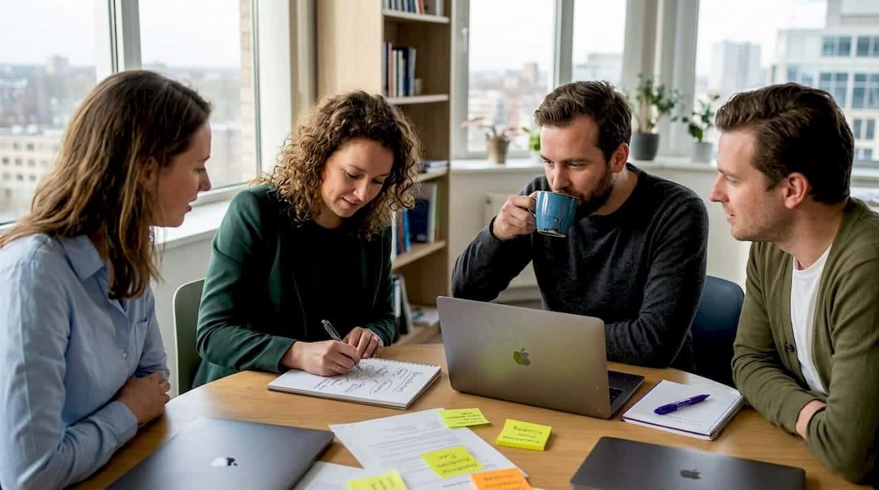 Met het hele team samen ideeën bedenken in een open kantoorruimte.