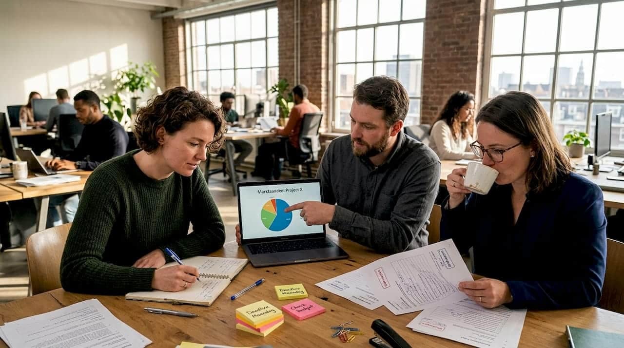 Een team werkt samen in een lichte, open kantoorruimte.