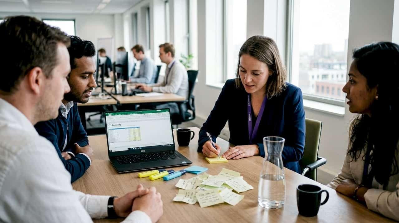 Het team zit samen rond de tafel om nieuwe ideeën te brainstormen, terwijl de notities erbij worden gepakt.
