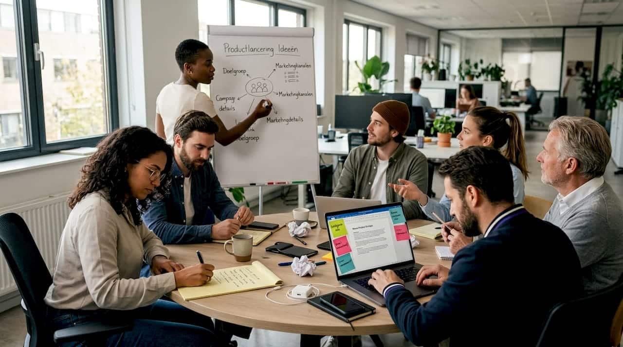 Het team zit samen aan een grote tafel in het open kantoor om ideeën uit te wisselen.